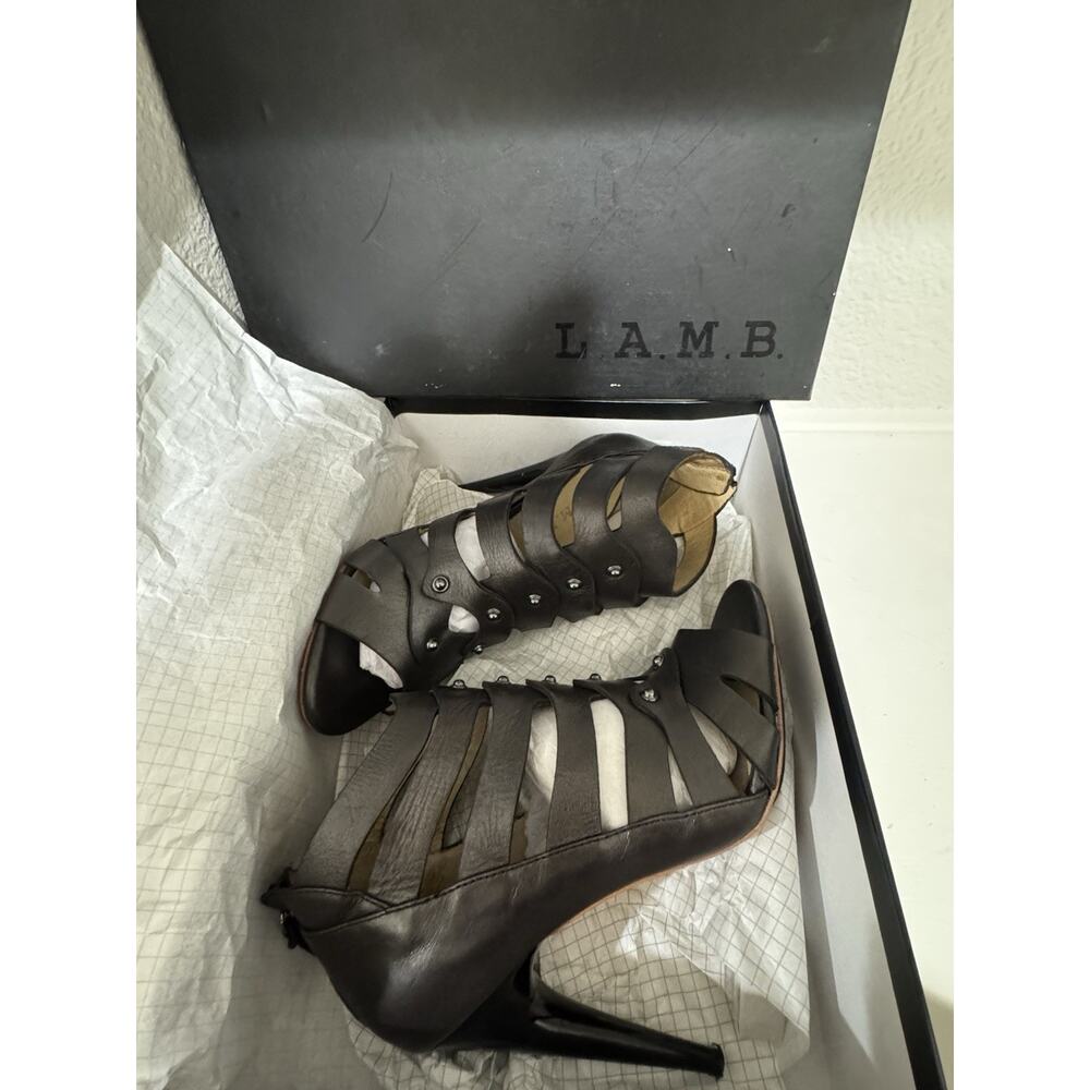 L.A.M.B. Gladiator‎ Studded Leather Heels Peep Toe Strappy Bronze - Picture 7 of 9